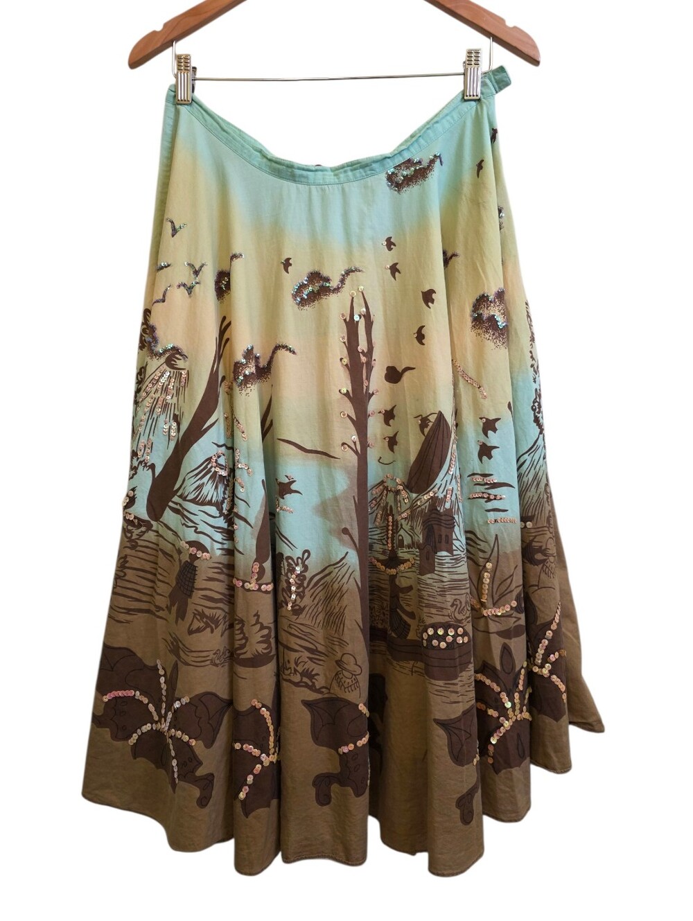 Caruso Vintage Ombre Printed Embellished Maxi Circle Skirt 100% Cotton Size L